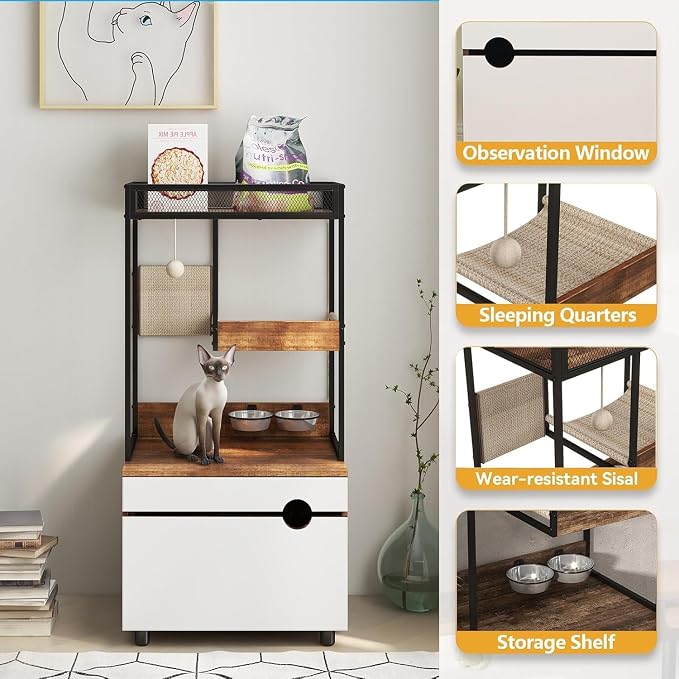 Cat Litter Box Furniture Enclosure with Shelve and Scratching Pad, Hidden Litter Box Furniture Pet Cabinet with Cat Feeding Station, 48.4 Inch Wooden Kitty Washroom Furniture, Cat Tree House,Cat Tower - Image 3