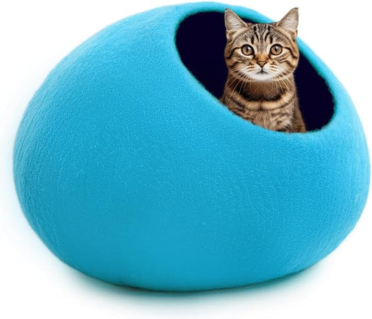 Woolygon Premium Felt Cat Cave Bed – Wool Kitty Beds Handcrafted Kitten Caves Bed for Indoor Cats - Made from Merino Wool, Foldable Cat Hideaway Covered Cat House Pod (Blue Plain) by Woolygon