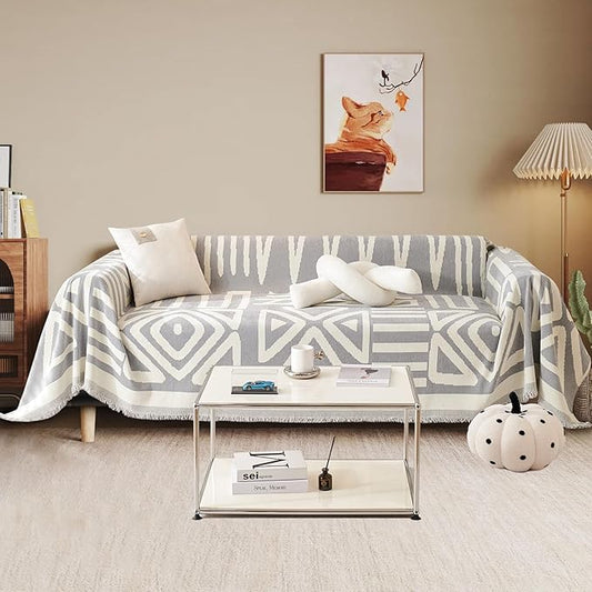91" x118" Soft Chenille Couch Cover with Grey Geometric Pattern for 1-2 Cushion Couch Reversible 1 Piece Sofa Cover Furniture Protector with Tassels for Dogs Cats Scratching Washable by TOYROOM