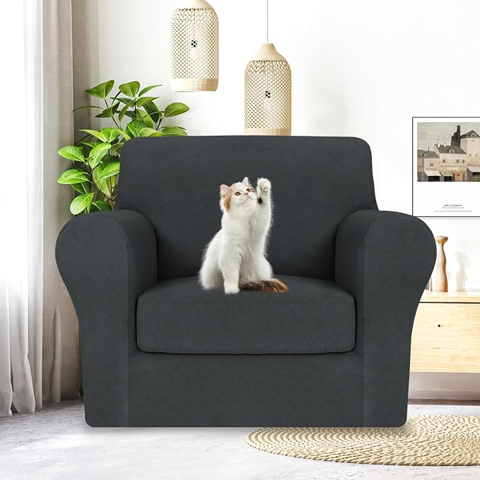 MAXIJIN 2 Piece Chair Covers Chair Slipcover with Arms, Sofa Chair Cover for Living Room Armchair Cover, Stretch Pet Dog Slip Cover for A Chair with 1 Cushion (31"-46", Gray) - Image 2