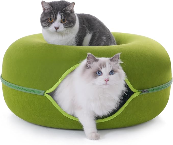 Large Cat Tunnel Bed for Indoor Cats with 3 Toys, Scratch Resistant Donut Cat Bed, Up to 30 Lbs (L 24x24x11, Green) - Image 2