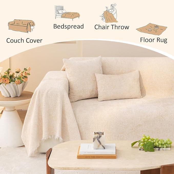 Creamy Beige Durable Slub Chenille Couch Cover XL 71x134’’ | for All Shape Sofa Couch Sofa-Bed Slub Furniture Protector Machine Washable, Solid Beige Sofa Slipcover for Dog Pet Kid - Image 5
