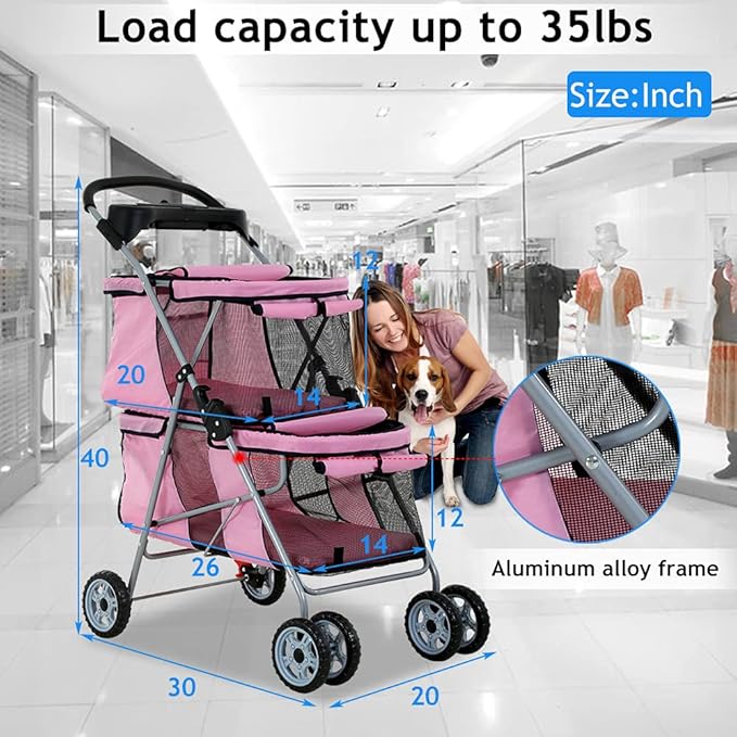 Dkeli 4 Wheel Pet Stroller for Small and Medium Dog Cats, Double Dog Stroller with Cup Holder, Folding Travel Cage for 2 Puppies or Two Kittens, Pink