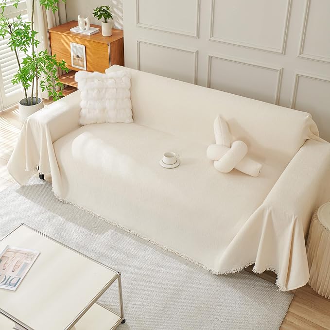 DREAMINGO Sofa Covers Washable Thick Chenille Couch Cover for 2 Cushion Couch Sofa Multi-Use Couch Cover Blanket Modern Pet Furniture Protector Sectional Couch Slipcover 71"x118", Beige White - Image 7