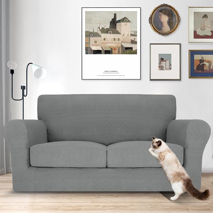 MAXIJIN 3 Piece Couch Covers for 2 Cushion Couch loveseat Cover, Stretch Love Seat Sofa Slipcovers for Dogs Pet, Thick Furniture Protector with 2 Seat Cushion (55"-69", Light Gray) - Image 2