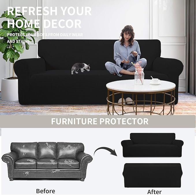 Easy-Going Stretch Loveseat Couch Covers Washable Black | 1-Piece Loveseat Covers for 2 Cushion Couch Furniture Protector RV Sofa Slipcover Soft with Bottom for Kids Pets - Image 4