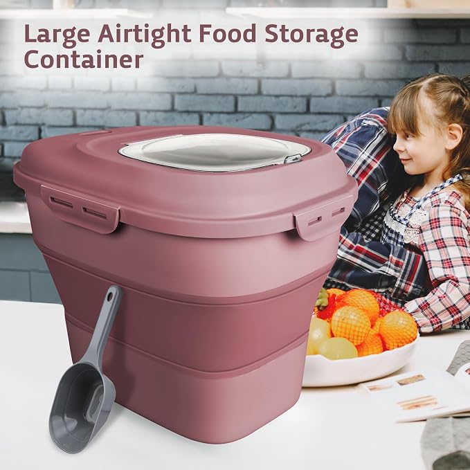 Komzon Rice Storage Bin Cereal Containers, 13-50lb Collapsible Rice Container Dispenser with Transparent Lid, Rolling Wheels, Measuring Cup and Scoop, Airtight Dog Cat Pet Food Storage Container Pink - Image 6