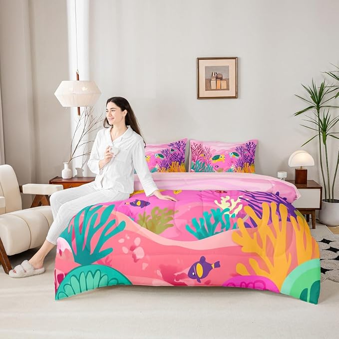 Erosebridal King Size Cartoon Turtle 7-Piece Bedding Set for Kids, Ocean Life Tortoise Bed in A Bag, Sea Animal Comforter Set with Sheets, Colourful Coral Bedding Comforter Sets, Pink - Image 6
