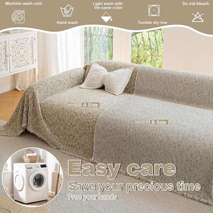 ROOMLIFE Boho Beige Couch Cover for Dogs, Washable Non Slip Furniture Protector Couch Sofa Covers for 3 Cushion Couch, Soft Chenille Couch Cover Throw Blanket with Tassels 71''X134'' - Image 4