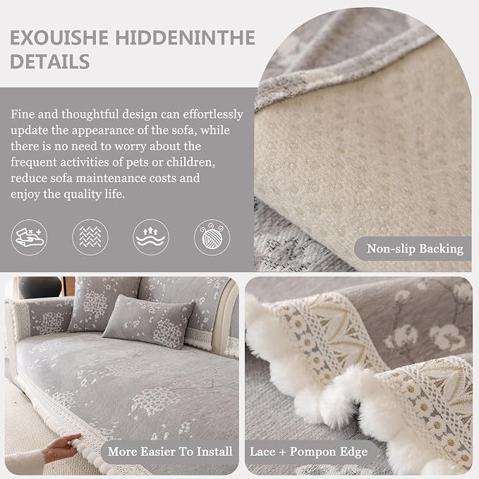 DREAMINGO Couch Backrest Cover, Grey Floral Couch Slipcover Jacquard Chenille Sofa Covers Washable for Pet Kid Non Slip Furniture Protector for Living Room, 35.4"x35.4" - Image 4