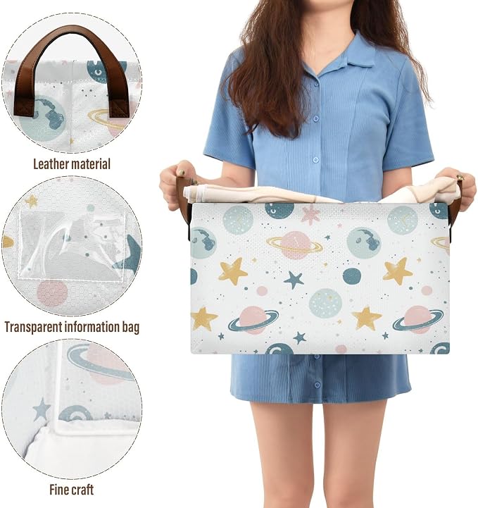Cute Celestial Stars and Planet Baby Storage Basket with Labels&Handles Rectangular Waterproof Nursery Storage Bins Collapsible Shelf Organizer Baskets for Kids Books Cloth Gift Toys Laundry, 2 Pack - Image 4