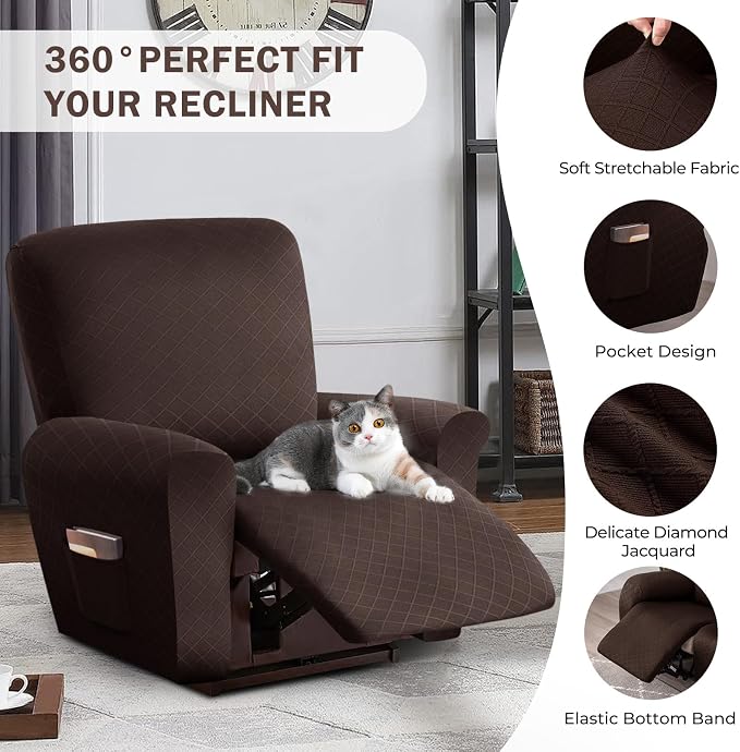 vctops Diamond Recliner Cover 4-Pieces Recliner Stretch Sofa Slipcover 1 Seater Couch Protector Soft Solid Furniture Protector Covers with Elastic Strap (Dark Coffee,1 Seat) - Image 4