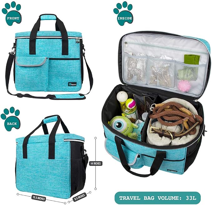 PetAmi Dog Travel Bag Organizer, Pet Travel Kit with 2 Food Containers & 2 Collapsible Dog Bowls, Pet Supplies Tote with Luggage Sleeve, Weekend Road Trip Camping Essentials, Teal Blue, Large - Image 2