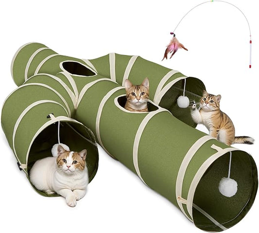 Ownpets Cat Tunnel Large 12 inch Diameter, Cactus-Shaped Cat Tunnel Toy, Sturdy Oxford Fabric Collapsible Cat Tunnels for Indoor Cats, Interactive Peek Hole Pet Tunnel Tube with Cat Wand Toy, Green by Ownpets
