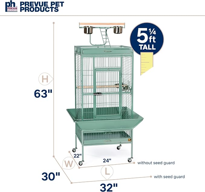 Prevue Pet Products Wrought Iron Select Bird Cage - Large Steel Cage with Rolling Stand, Seed Guards, and Playtop, Durable Design, Ideal for Conures and Medium Birds - Sage Green - Image 7