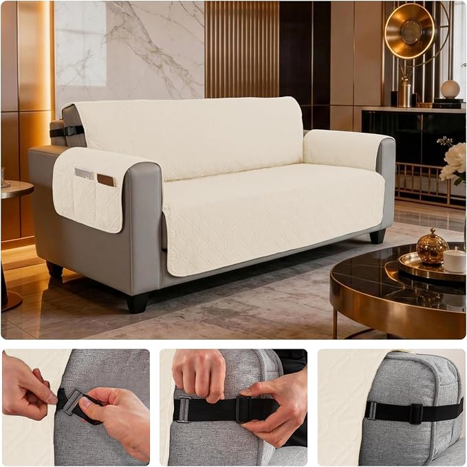 100% Waterproof Couch Cover, Straps&Pockets,pet Friendly,68" Beige | Washable sofa cover, pet-friendly, scratch-resistant furniture protector, quilted sofa cover, reversible, non-slip backing. - Image 6