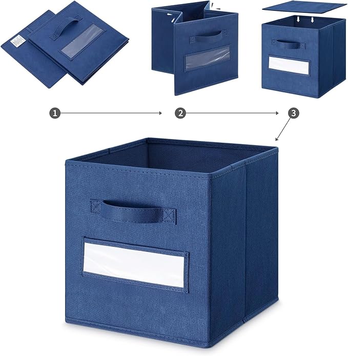 13x13x13 storage cube bins (Set of 10) Fabric storage cubes with 10 Labels Window Cards & a Pen, storage cubes 13x13, Collapsible 13 inch cube storage bins, Cubby Organizer Boxes, Navy Blue - Image 4