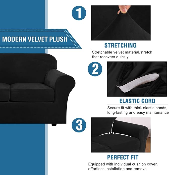 H.VERSAILTEX Modern Velvet Plush 4 Piece High Stretch Sofa Slipcover Sofa Cover Furniture Protector Form Fit Luxury Thick Velvet Sofa Cover for 3 Cushion Couch Width Up to 90 Inch (Sofa,Black) - Image 3