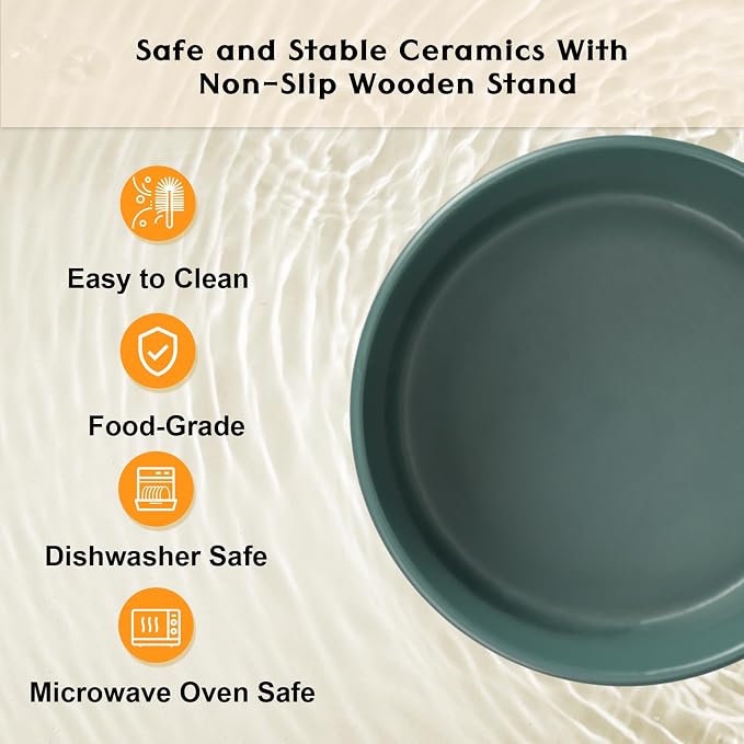 SPUNKYJUNKY Ceramic Elevated Dog Bowls 2 Pack - 6.1inch Raised Dog Bowls with Non-Slip Wooden Stand for Medium Dogs Dishwasher Safe(Green,28.7OZ*2) - Image 5