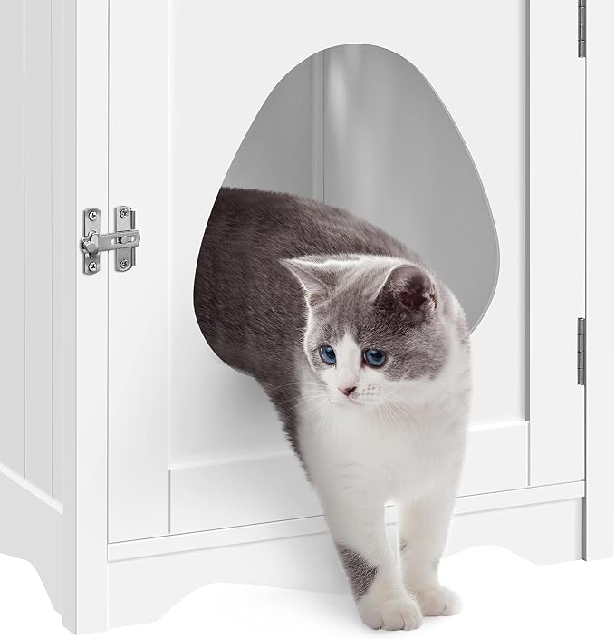 Yaheetech Cat Litter Box Enclosure, Hidden Litter Box Furniture with Side Towel Bar, Wooden Cat Washroom, Storage Cabinet, Indoor Pet House, Side Table Nightstand, White - Image 7