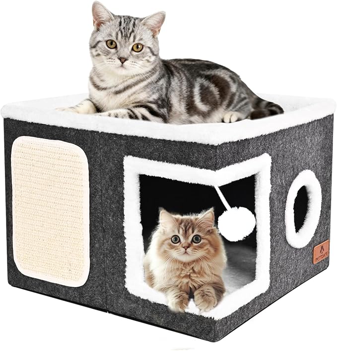 Felt Cat Cave Beds for Indoor Cats, Foldable Cat Hideaway with Scratch Pad and Fluffy Ball, Large Covered Cat House with Reversible Cushion for Multi Small Pet by Unknown