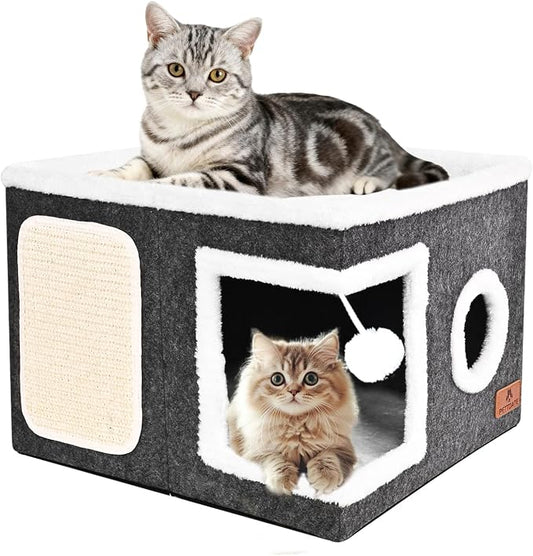 Felt Cat Cave Beds for Indoor Cats, Foldable Cat Hideaway with Scratch Pad and Fluffy Ball, Large Covered Cat House with Reversible Cushion for Multi Small Pet by Unknown