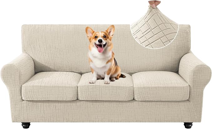 CYCMCAO 4 Piece Stretch Sofa Covers for 3 Cushion Couch, Non Slip Couch Covers for Sofa, Sofa Covers for Pets Washable, Couch Covers for Dogs,Kids (Beige), 71"-91" (3 Cushion Sofa) by CYCMACOHOME