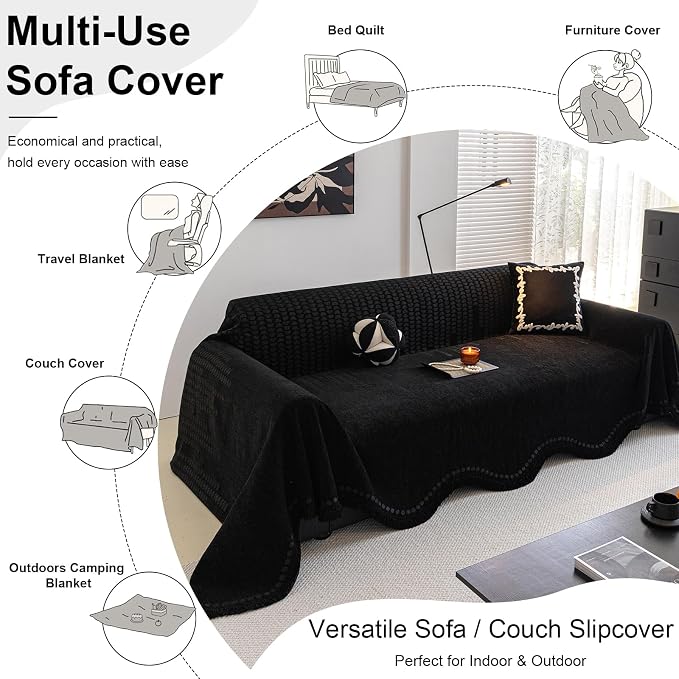 ROOMLIFE Black Couch Cover Sofa Covers, Chenille Couches Covers for 3 Cushion Sofas, Non Slip Soft Breathable Sofa Slipcovers for Pet, Washable Furniture Protector with Tassel,71''X134” - Image 5