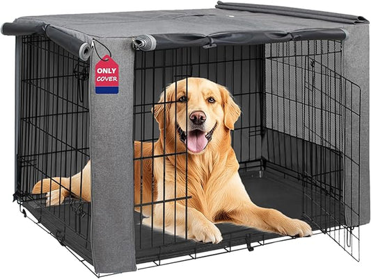 HiCaptain Breathable Dog Crate Cover 42 Inch, Durable Heavy Duty Kennel Cover, Dual Zippered Panels, Windproof Waterproof UV-Resistant(Grey) by HiCaptain