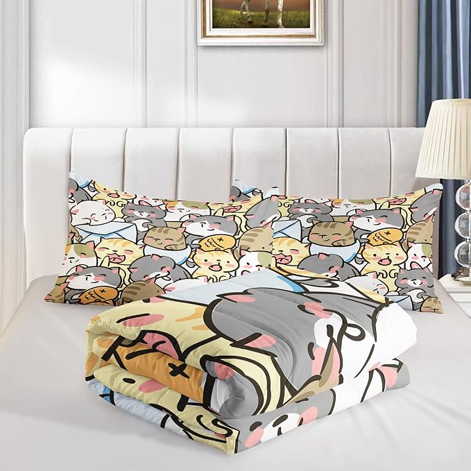 QOOMO Kawaii Cat Comforter Twin Size,Cute Cat Comforter Set for Kids Teens Girls,3Pcs Bedding Set Printed Comforter with 2 Pillowcases,Down Alternative,Soft and Lightweight，Twin Size - Image 4
