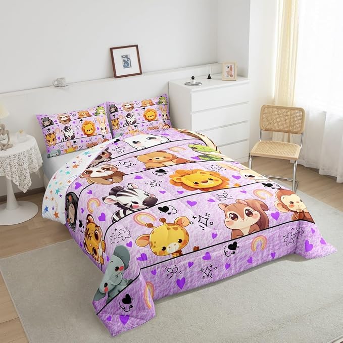 Manfei Cute Wildlife Giraffe Lion Boys Girls Comforter Set Full Size,Kawaii Animals Duvet Set Teens Bedroom Decor,Kids Gifts Cartoon Purple Microfiber Soft Bedding with 2 Pillowcases - Image 4