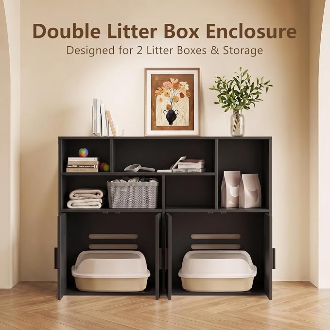 Amunrbrek Double Litter Box Enclosure, Hidden Cabinet with Storage, Black | Pass-Through Design Makes Cats Feel Safe - Image 3