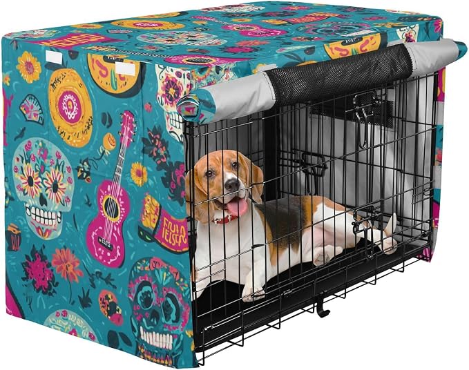 Dog Crate Cover Kennel Cover for Dog Cages Breathable for Wire Cage Indoor Outdoor Teal Fiesta Mexico Skulls Guitars - Image 2
