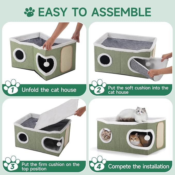 Shikha Extra Large Cat House Bed for Multi Cats with Scratch Pad Green | 24 x 17.7 x 12.6 IN Widen Cat Cave Cube for Multi Pets, Foldable, Arc-Edge Design, Oval Door, All Seasons Reversible Cushion - Image 8