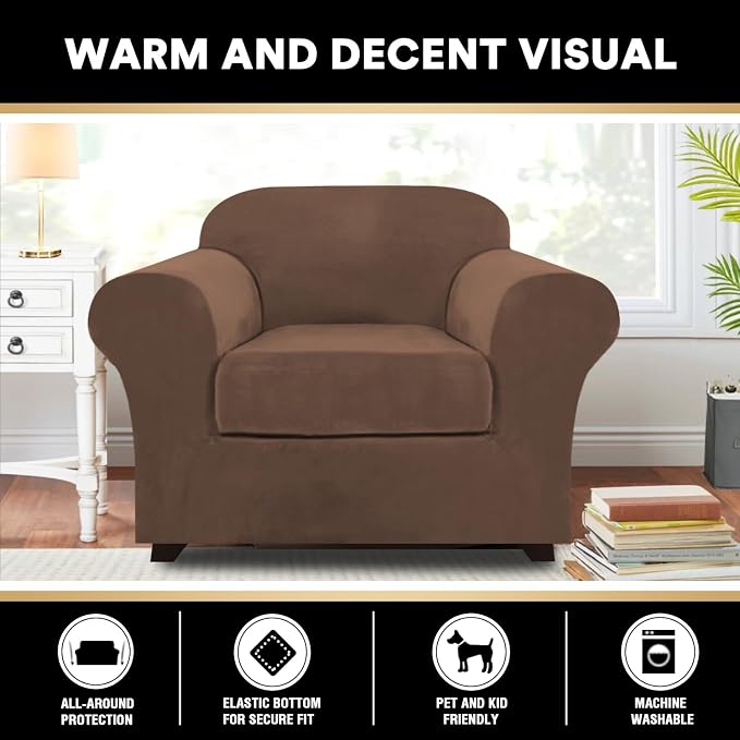 PrinceDeco Velvet Plush Couch Cover Stretch 2 Piece Chair Cover Chair Slipcover Washable Furniture Protector Couch Soft with Elastic Bottom Armchair Cover Width Up to 49 Inch(Small, Caramel) - Image 7