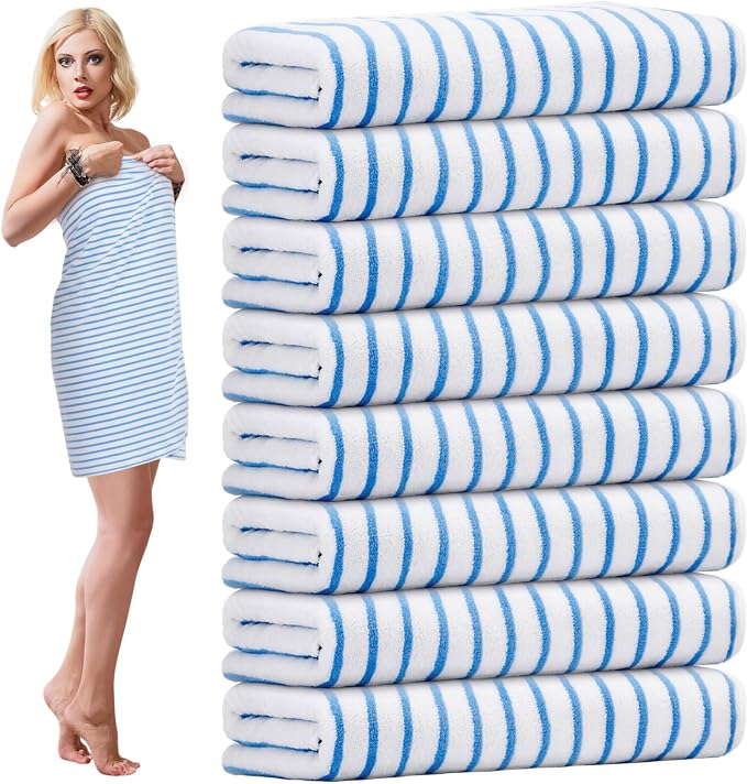 SmoothNovelty 8 Pack Microfiber Bath Towels Bulk 27'' x 60'' Oversized Bath Towel Highly Absorbent Extra Large Shower Sheets Soft Drying for Beach Pool Bathroom Salon Party(Thin Stripe,Blue) by SmoothNovelty