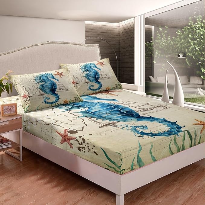 Kid's Bed Sheet Set Full Seahorse Bedding Set for Boys Girls Teens Bedroom Decor,Soft Microfiber Marine Mediterranean Style Design Ocean Sheet Set Includes Fitted Sheet + Flat Sheet + 2 Pillow Case - Image 3