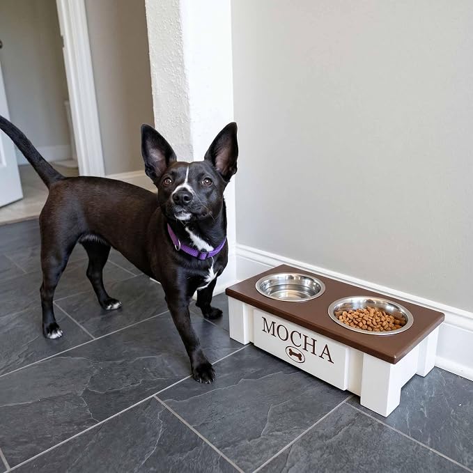 Elevated Dog Bowls for Small Dogs, Personalized Food Stand for Toy Breed | Farmhouse Style, Elevated Wood Stand, Storage Container, Stainless Steel Bowls, Raised Anti-Slip Feeder, Made in USA - Image 3
