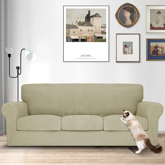 MAXIJIN 4 Piece Couch Covers for 3 Cushion Couch Sofa Covers, Stretch Couch Slipcovers for Sofas with 3 Cushions, Thick 3 Seat Furniture Protector for Dogs Pet (71"-91", Khaki) - Image 2