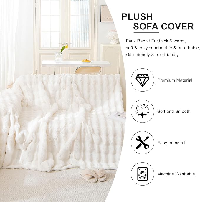 White Faux Rabbit Fur Couch Sofa Cover for 2-3 Seater Couches, XLarge | 1 Piece Fluffy Couch Cover Washable Non-Slip Sofa Slipcover for Dogs Cats Soft Warm Furniture Protector for Home, 71''x134'' - Image 5