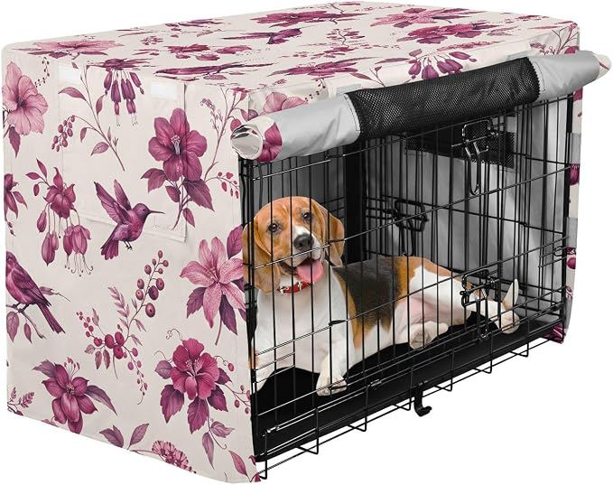 Exotic Flowers Birds Dog Crate Cover 600D Oxford Pet Kennel Cover with Mesh Window for Dog Cages, Windproof Waterproof Machine Washable, 42"x28"x30" - Image 2