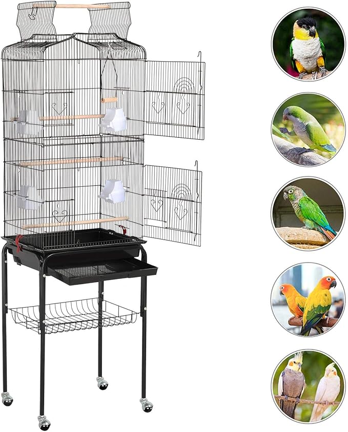 Yaheetech 64'' Open Top Bird Cage for Parakeets & Cockatiels, Black | Detachable Rolling Stand, Easy-clean Slide Tray, Multi-door Access, 3/8" Bar Spacing, Indoor/Outdoor Use - Image 9