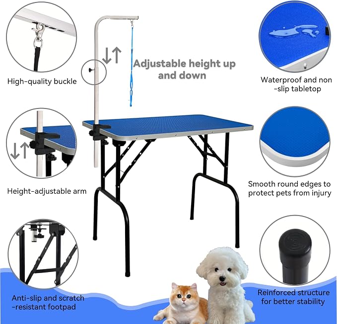 30-inch Foldable Dog Grooming Table - Heavy Duty Iron Pet Grooming Station with Adjustable Arm & Noose, Portable Non-Slip for Small Medium Dogs & Cats, Home & Salon Use - Blue - Image 2