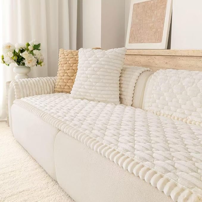 Luxury Fuzzy Pet Couch Cover for Dogs,Washable Sofa Cover, Non-Slip Sofa Protector for 3 Cushion Couch, Thick Plush Furniture Cover, Elegant Pet-Friendly Home Décor(White,28"x71") by Buzyset