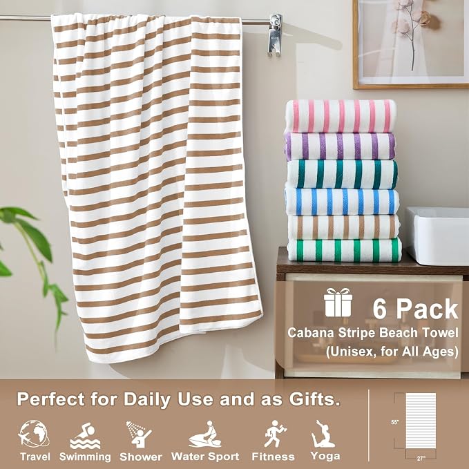 JML Microfiber Beach Towels Set, 6 Pack, 27" x 55", Cabana Stripe Coffee | Hanging Loop, Soft, Absorbent, Quick Dry, Lint-free, No Fading, For Swimming Pool Party - Image 2