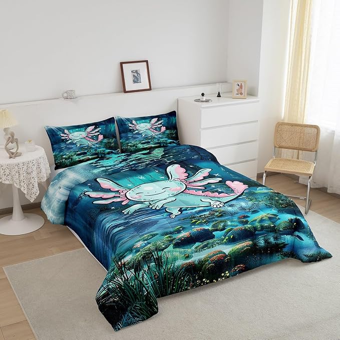 Manfei Kawaii Axolotl Queen Size Comforter Set 3 Pcs,Cute Marine Life Ocean Animal Teal Blue Down Alternative Bedroom Decor,Undersea World Coral Seaweed Ultra Soft Microfiber Inner Fill 3Pcs - Image 2