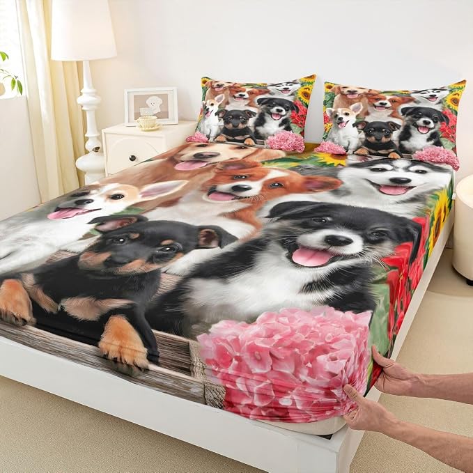 Dog Sheet Sets for Boys Kids Kawaii Room Decor Bedding Cute Pet Puppy Flat Sheet Toddler Lovely Kawaii Pug Top Sheet German Shepherd Fitted Sheet Bedroom Collection 4Pcs Bed Sheet, Queen Size - Image 6