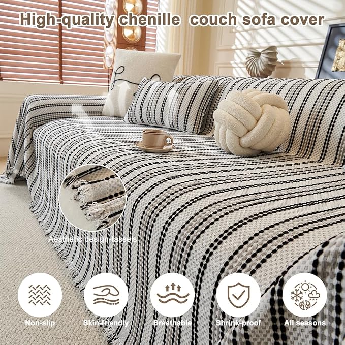 ROOMLIFE Thicked Striped Boho Black &Gray Couch Cover for 2-3 Cushion Sofa, Chenille Sofa Slipcovers Sectional Sofas Covers for Dog, Non Slip Washable Furniture Protector Soft with Tassel 71''X150'' - Image 2