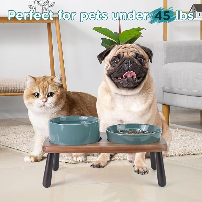 SPUNKYJUNKY Ceramic Elevated Dog Bowls with Slow Feeder Raised with Acacia Bamboo Wooden Stand, 6.1'' Dog and Cat Food Water Bowls Set Non-Slip for Small Medium Sized Breed - Dark Green - Image 7