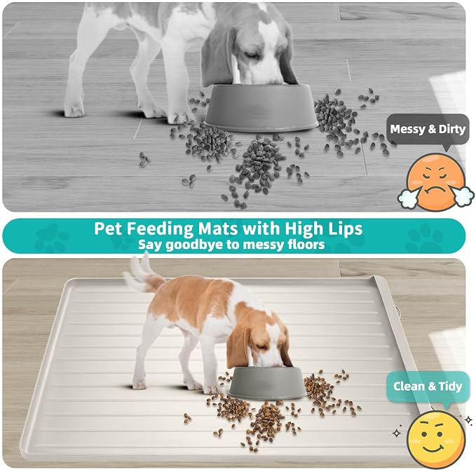 Dog mat for Food and Water - 39.4" x 27" Thickened Large Cat Food Mat | Waterproof Pet Bowl Mat with Residue Collection Pocket and High Edges to Prevent Water and Food Spills - Cream - Image 3